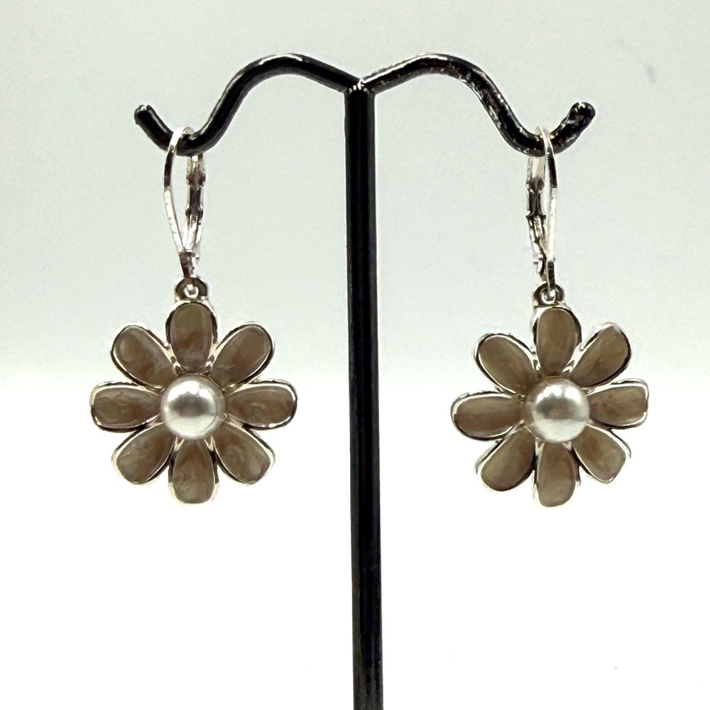 Silver Tone Peach Enamel Daisy Flower Faux Pearl Leverback Drop Earrings